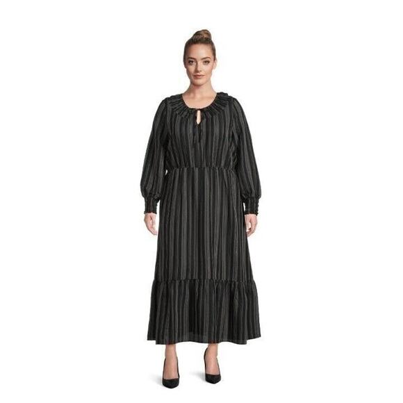 Terra & Sky Peasant Maxi Dress Black Ikat Stripe Tiered Long Sleeve Plus Size 1X - Picture 1 of 10